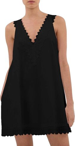 Lace Trim Mini Dresses for Women Trendy Sleeveless V Neck Shift Dress Summer Beach Vacation Sundress with Pockets in Saudi Arabia