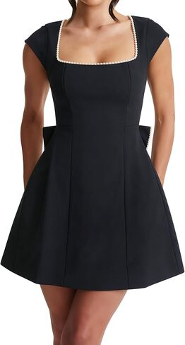 LuFeng Women's Summer Square Neck Cocktail Mini Dress Formal Elegant Cap Sleeve Prom A-Line Pearl Bow Party Club Dress in Kuwait