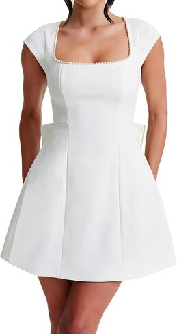 LuFeng Women's Summer Square Neck Cocktail Mini Dress Formal Elegant Cap Sleeve Prom A-Line Pearl Bow Party Club Dress in Kuwait