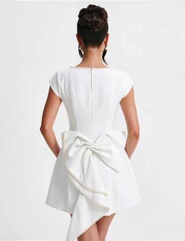 LuFeng Women's Summer Square Neck Cocktail Mini Dress Formal Elegant Cap Sleeve Prom A-Line Pearl Bow Party Club Dress in Kuwait