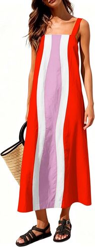 Ailoqing 2026 Women Boho Floral Dress Summer Casual Color Block Maxi Beach Vacation Overall Dresses Coverups in Saudi Arabia