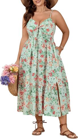SCOMCHIC Womens Plus Size Summer Maxi Sun Dress Spaghetti Strap Tie Front Smocked Ruffle Split Casual Boho Beach Dresses in Kuwait