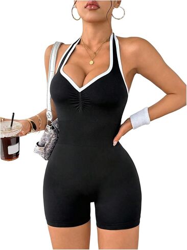 WDIRARA Women's Workout Romper Halter Sleeveless Backless Yoga Romper One Piece Jumpsuit in Kuwait