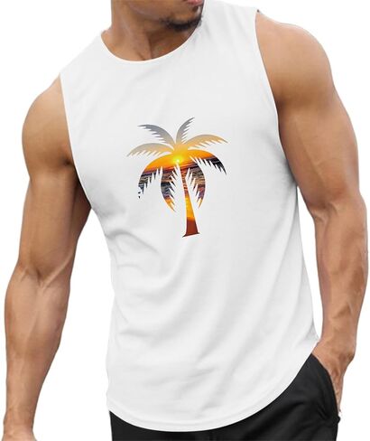 Mens Tank Tops Summer Hawaii Beach Vacation Sleeveless Shirts Casual Palm Tree Graphic Muscle Gym Workout Tank Top in Saudi Arabia