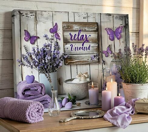 Lavender Bathroom Canvas Wall Art Farmhouse Bathroom Painting Picture Wall Decor Rustic Relax Purple Lavender Poster Print Artwork for Bathroom Washroom Toilet Home Decoration 12x16in in Saudi Arabia