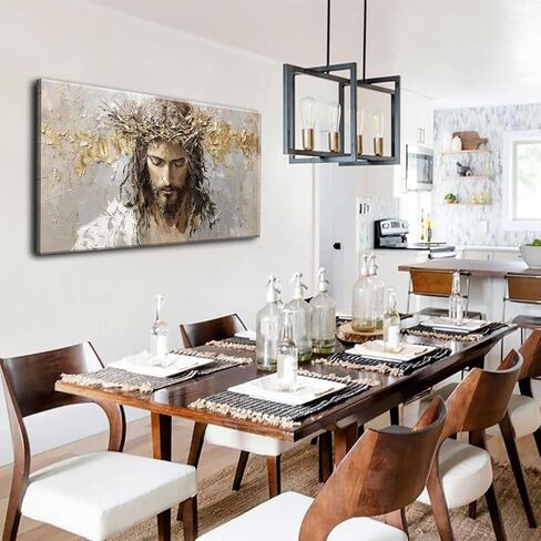 Large Jesus Portrait Canvas Wall Art Abstract Gold Thorns Jesus Painting Decor Pictures Beige Gray Christian God Posters Prints for Dining Living Prayer Room Kitchen Church Wall Bedroom Decoration in Saudi Arabia