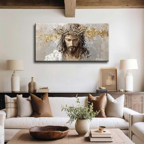 Large Jesus Portrait Canvas Wall Art Abstract Gold Thorns Jesus Painting Decor Pictures Beige Gray Christian God Posters Prints for Dining Living Prayer Room Kitchen Church Wall Bedroom Decoration in Saudi Arabia
