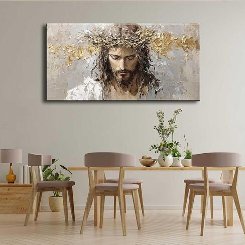 Large Jesus Portrait Canvas Wall Art Abstract Gold Thorns Jesus Painting Decor Pictures Beige Gray Christian God Posters Prints for Dining Living Prayer Room Kitchen Church Wall Bedroom Decoration in Saudi Arabia