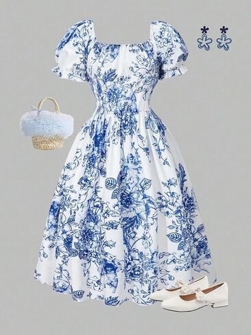 Summer Girl Flower Pattern Printed Bubble Short Sleeved Dress with Square Collar Design, Elegant and Fashionable in Kuwait