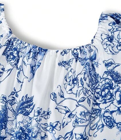 Summer Girl Flower Pattern Printed Bubble Short Sleeved Dress with Square Collar Design, Elegant and Fashionable in Kuwait