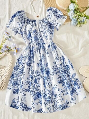 Summer Girl Flower Pattern Printed Bubble Short Sleeved Dress with Square Collar Design, Elegant and Fashionable in Kuwait