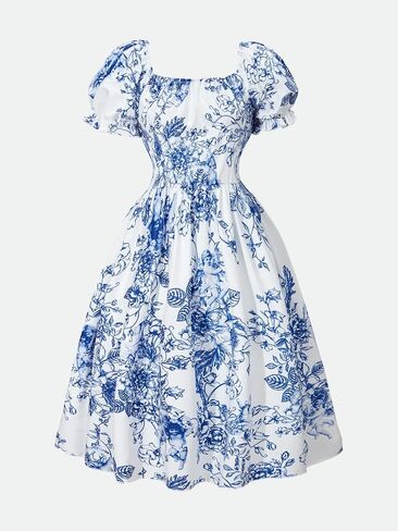 Summer Girl Flower Pattern Printed Bubble Short Sleeved Dress with Square Collar Design, Elegant and Fashionable in Kuwait