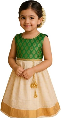 Girls Kerala Pattu Frock, Green Brocade Top with Cream Skirt and Gold Border, Festive Ethnic Dress (3-6 Years) in Saudi Arabia