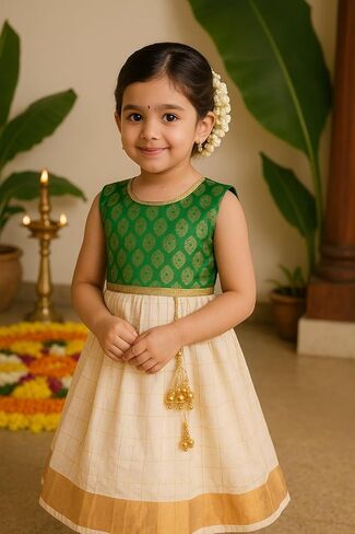 Girls Kerala Pattu Frock, Green Brocade Top with Cream Skirt and Gold Border, Festive Ethnic Dress (3-6 Years) in Saudi Arabia