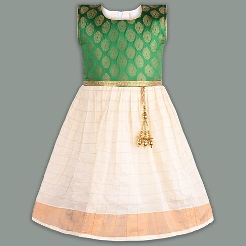 Girls Kerala Pattu Frock, Green Brocade Top with Cream Skirt and Gold Border, Festive Ethnic Dress (3-6 Years) in Saudi Arabia