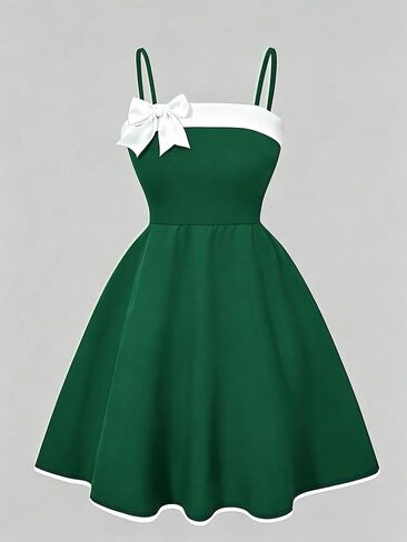 Summer Girls' Elegant and Fashionable Dress, Simple Navy Blue and White Contrasting Shoulder Strap Bow Design in Kuwait