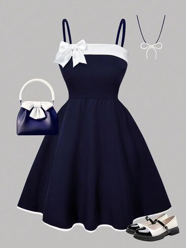 Summer Girls' Elegant and Fashionable Dress, Simple Navy Blue and White Contrasting Shoulder Strap Bow Design in Kuwait