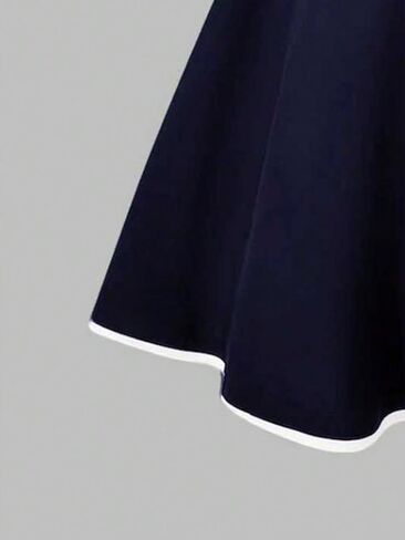 Summer Girls' Elegant and Fashionable Dress, Simple Navy Blue and White Contrasting Shoulder Strap Bow Design in Kuwait