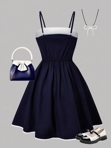 Summer Girls' Elegant and Fashionable Dress, Simple Navy Blue and White Contrasting Shoulder Strap Bow Design in Kuwait