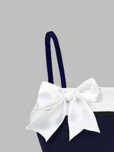 Summer Girls' Elegant and Fashionable Dress, Simple Navy Blue and White Contrasting Shoulder Strap Bow Design in Kuwait
