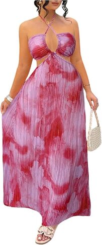 OYOANGLE Women's Tie Dye Sleeveless Criss Cross Halter Maxi Dress Pleated Backless Boho Beach Vacation Dress in Kuwait