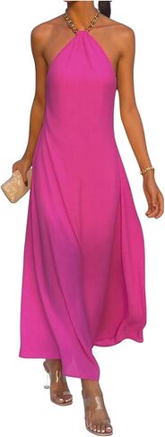 OYOANGLE Women's Sleeveless Chain Halter Maxi Dress Backless Elegant Flared Long Dresses in Kuwait