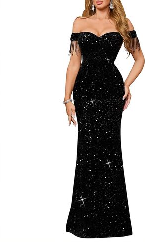 dasmzper Women Off Shoulder Sequin Evening Gown – Tassel Sleeve Formal Maxi Dress for Wedding, Prom in Saudi Arabia
