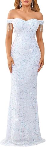 dasmzper Women Off Shoulder Sequin Evening Gown – Tassel Sleeve Formal Maxi Dress for Wedding, Prom in Saudi Arabia