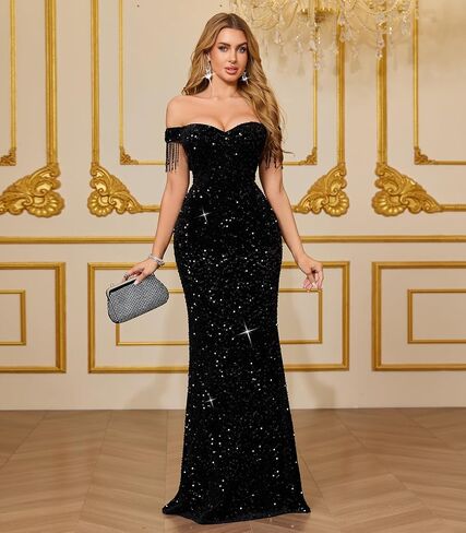 dasmzper Women Off Shoulder Sequin Evening Gown – Tassel Sleeve Formal Maxi Dress for Wedding, Prom in Saudi Arabia