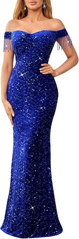 dasmzper Women Off Shoulder Sequin Evening Gown – Tassel Sleeve Formal Maxi Dress for Wedding, Prom in Saudi Arabia