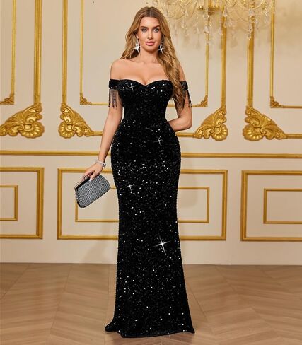 dasmzper Women Off Shoulder Sequin Evening Gown – Tassel Sleeve Formal Maxi Dress for Wedding, Prom in Saudi Arabia