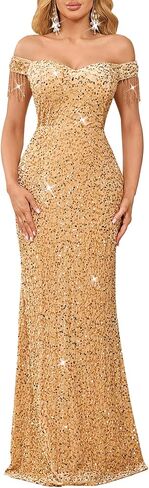 dasmzper Women Off Shoulder Sequin Evening Gown – Tassel Sleeve Formal Maxi Dress for Wedding, Prom in Saudi Arabia