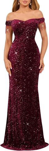 dasmzper Women Off Shoulder Sequin Evening Gown – Tassel Sleeve Formal Maxi Dress for Wedding, Prom in Saudi Arabia