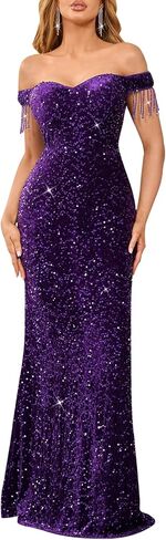 dasmzper Women Off Shoulder Sequin Evening Gown – Tassel Sleeve Formal Maxi Dress for Wedding, Prom in Saudi Arabia