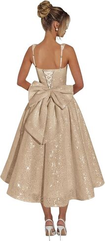 Sparkly Sequin Prom Dress Spaghetti Straps Formal Dresses with Bow A Line Tea Length Evening Party Gown in Saudi Arabia