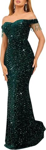 dasmzper Women Off Shoulder Sequin Evening Gown – Tassel Sleeve Formal Maxi Dress for Wedding, Prom in Saudi Arabia