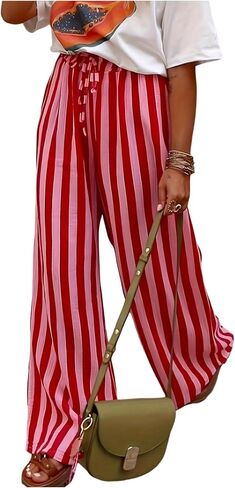 GORGLITTER Women's Striped Baggy Pants Casual Wide Leg Pants Drawstring Beach Trousers Bottom with Pockets in Kuwait