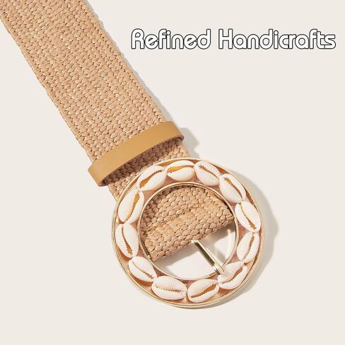 Straw Woven Belts for Women Stretch Wide Boho Dress Belt Shell Buckle Waist Vacation Beach Outfits in Saudi Arabia