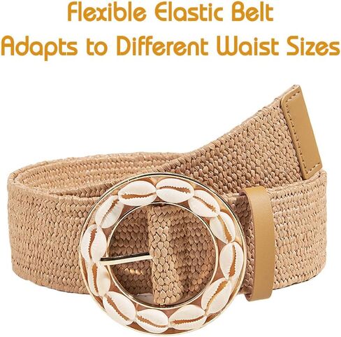 Straw Woven Belts for Women Stretch Wide Boho Dress Belt Shell Buckle Waist Vacation Beach Outfits in Saudi Arabia