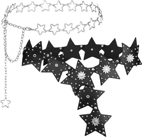 2 Pcs Y2K Belt for Women, Adjustable Silver Cute Star Waist Chain Belt and Black Punk Rock Gothic Disc Concho Leather Belt with Grommet Threads for Wear Jeans Dresses Casual Pants Girls Gifts in Saudi Arabia