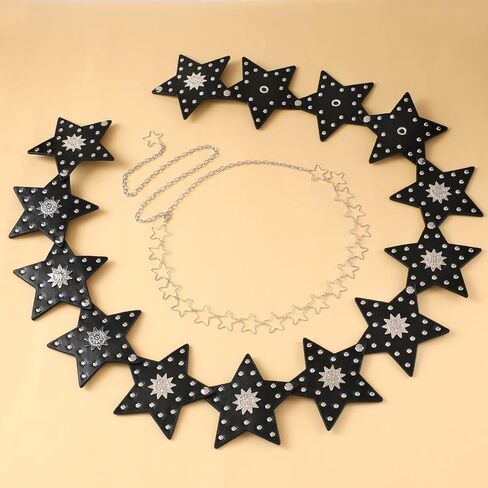 2 Pcs Y2K Belt for Women, Adjustable Silver Cute Star Waist Chain Belt and Black Punk Rock Gothic Disc Concho Leather Belt with Grommet Threads for Wear Jeans Dresses Casual Pants Girls Gifts in Saudi Arabia