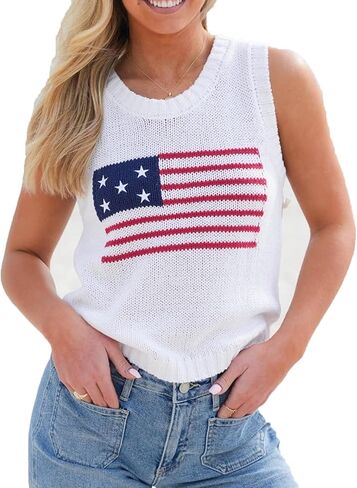 Women Sleeveless 4th of July Vest Top American Flag Sweater Summer Knit Crop Tops Patriotic Top Tank Vest Shirt in Saudi Arabia