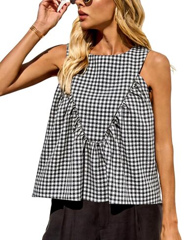 Womens Tank Tops Gingham Back Button Sleeveless Ruffle Peplum Loose Fit Cotton Casual Summer Babydoll Blouse in Saudi Arabia