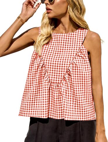 Womens Tank Tops Gingham Back Button Sleeveless Ruffle Peplum Loose Fit Cotton Casual Summer Babydoll Blouse in Saudi Arabia