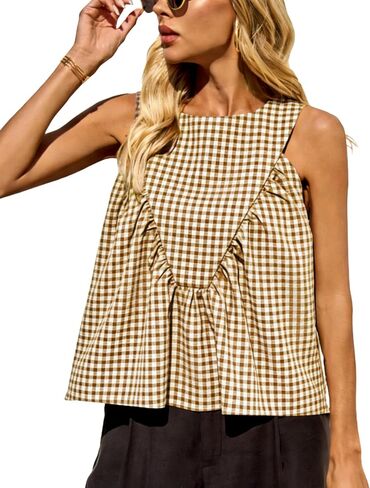 Womens Tank Tops Gingham Back Button Sleeveless Ruffle Peplum Loose Fit Cotton Casual Summer Babydoll Blouse in Saudi Arabia