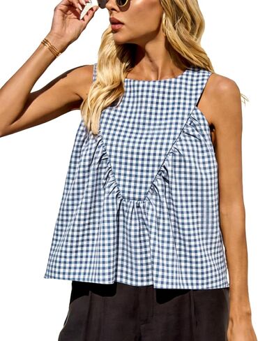 Womens Tank Tops Gingham Back Button Sleeveless Ruffle Peplum Loose Fit Cotton Casual Summer Babydoll Blouse in Saudi Arabia