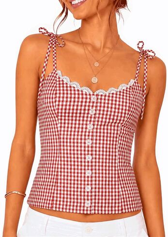 Women’s Gingham Tie Strap Camisole Top Lace Trim Summer Crop Tank Top with Shirred Back Adjustable Shoulder Straps in Kuwait