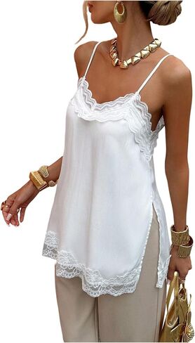 GORGLITTER Women's Lace Satin Camisole Y2K Spaghetti Strap Slit Side Sleeveless Party Cami Going Out Tops Summer Blouse in Kuwait