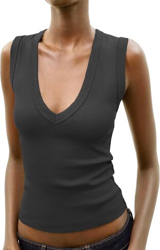 Hiverlay Women’s Ribbed V Neck Tank Top – Slim Fitted Sleeveless Summer Top, Soft Stretchy Going Out Casual Cami Shirt in Kuwait
