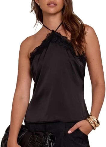 Women Lace Trim Satin Halter Top Tie Backless Silk Cami Criss Cross Halter Tank Top Sexy Going Out Tops in Saudi Arabia